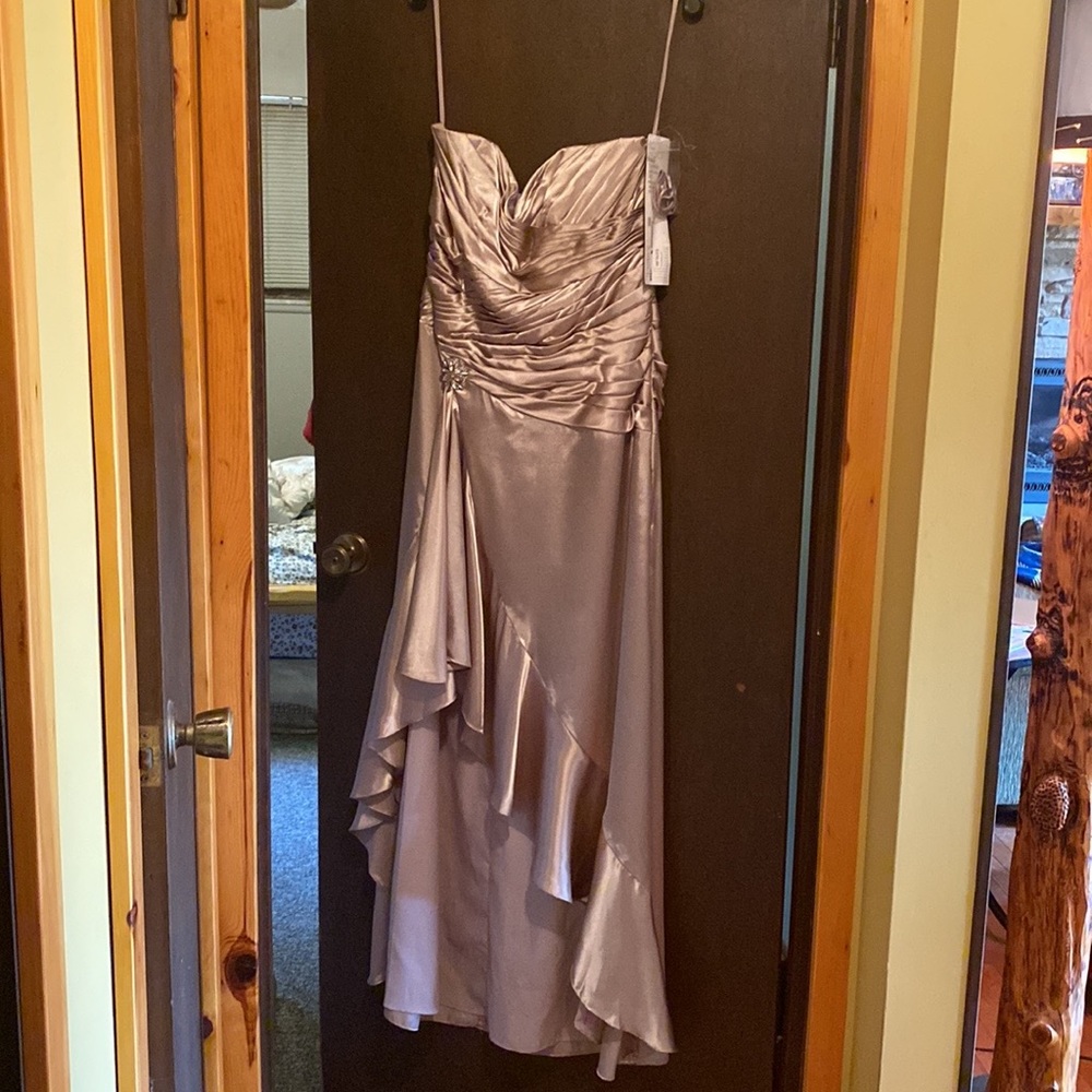 Demetrio’s size 12 beautiful dress is satin latte color for special occasions